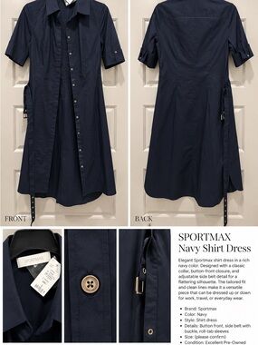 Sportmax Navy Button-Front Shirt Dress with Side Belt